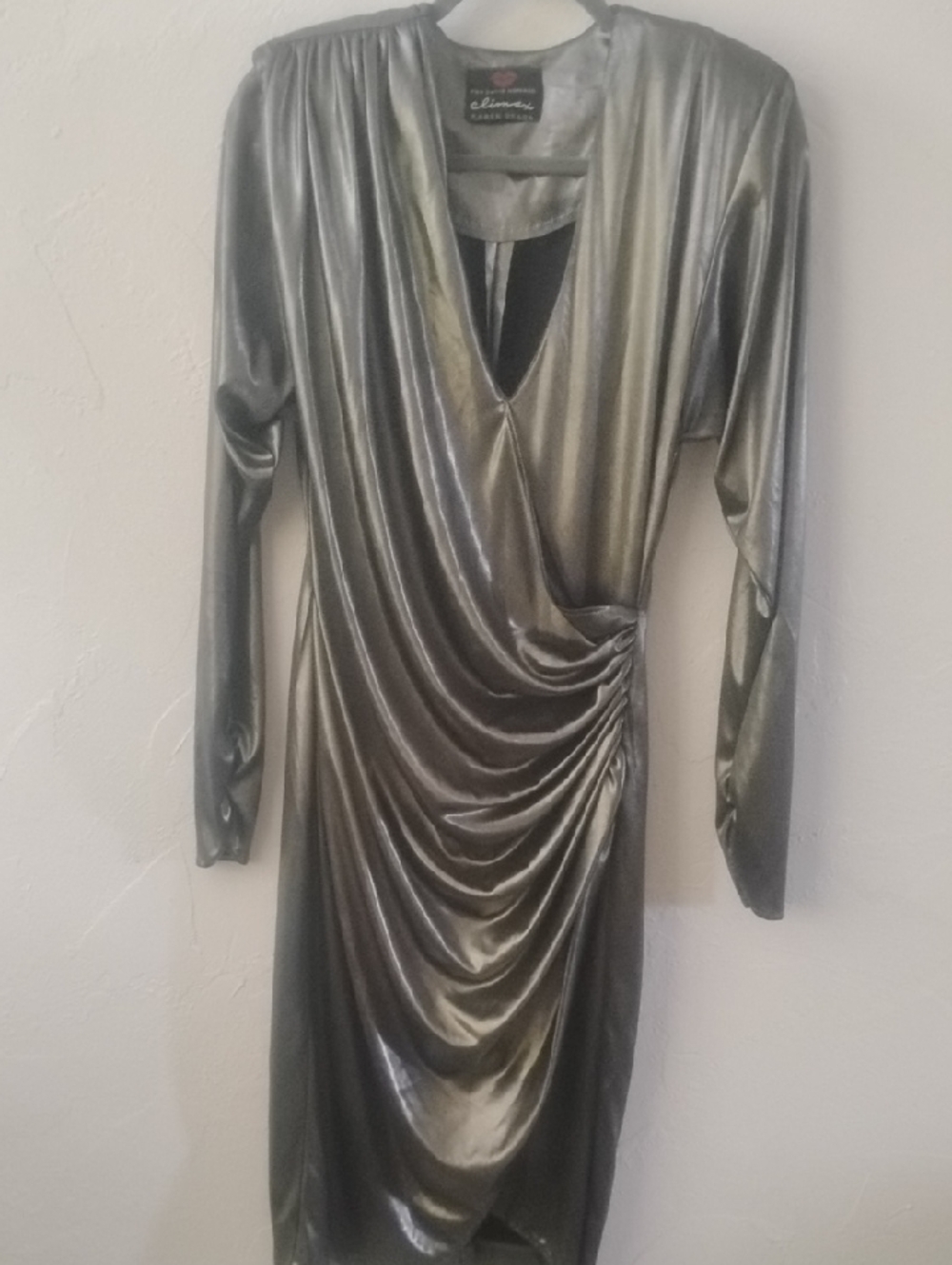Climax Karen Okada Vtg 80's Metallic Silver Pewter Draped Ruched Dress Mint S